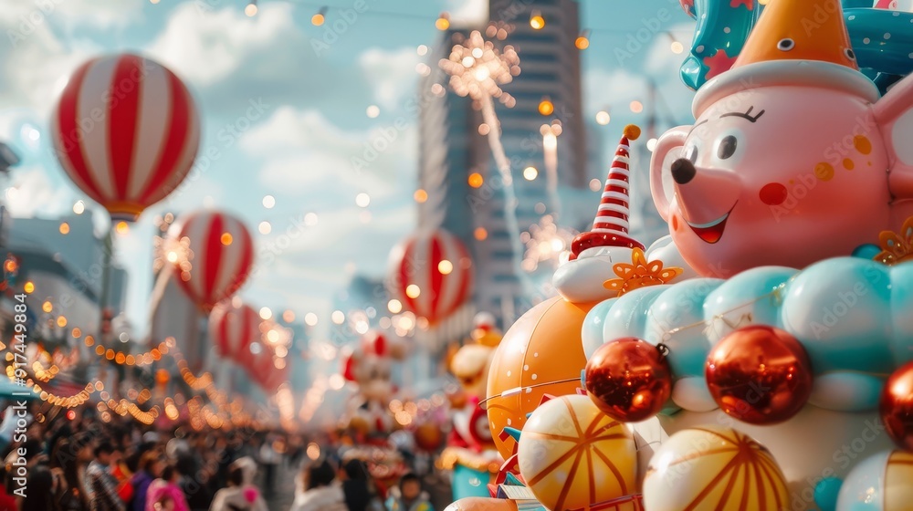 Fototapeta premium Vibrant parade with festive floats and pyrotechnics, copy space, deep depth of field, all objects in focus