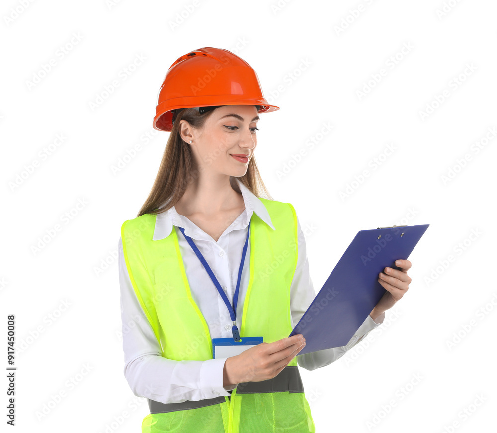 Engineer in hard hat with clipboard on white background Engineer in hard hat with clipboard on white background
