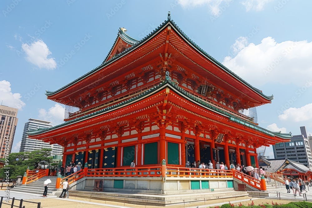 Vibrant Red Japanese Temple with Traditional Architecture and People Vibrant Red Japanese Temple with Traditional Architecture and People