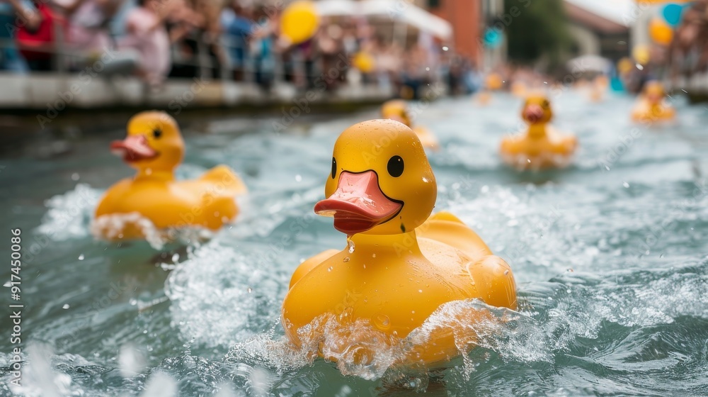 Cheering crowd at duck race event in river, fun animal competition, deep depth of field, ample copy space. Cheering crowd at duck race event in river, fun animal competition, deep depth of field, ample copy space.
