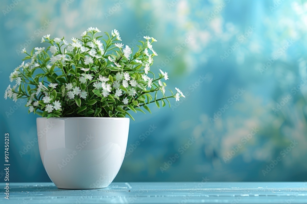 White Flowers in a White Pot Against a Blue Background White Flowers in a White Pot Against a Blue Background