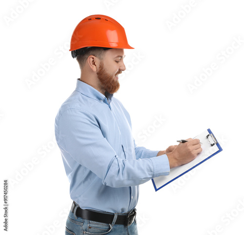 Engineer in hard hat with clipboard and pen on white background