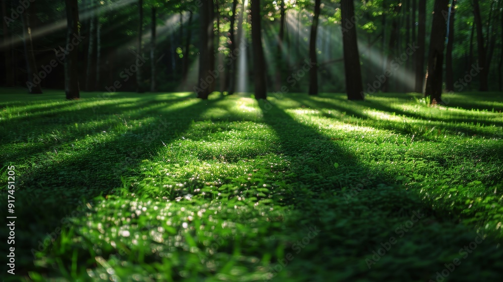 Obraz premium Soothing forest clearing bathed in light, quiet ambiance, copy space, focus on all objects, deep depth of field.