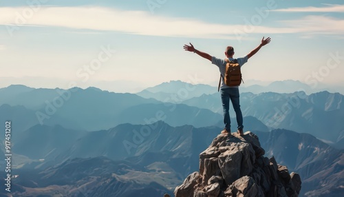 Man Standing on Mountain Peak with Arms Outstretched.