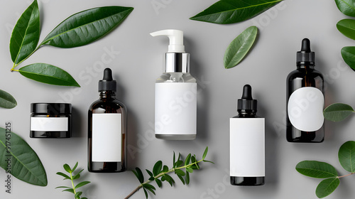 Cosmetic set of blank label bottles for packaging mockups of cream, serum, conditioner, and perfume on gray background with green leaves, Organic natural cosmetic products design