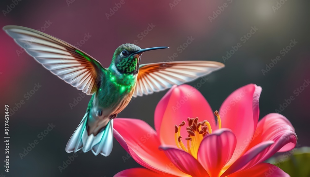Obraz premium Hummingbird in Flight Near a Red Flower.