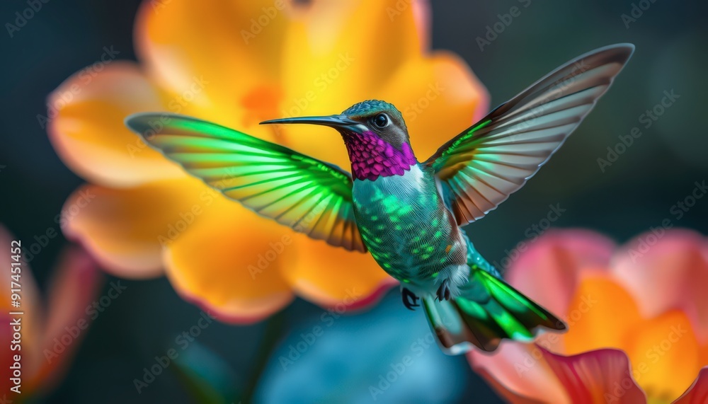 Fototapeta premium Hummingbird in Flight with Flowers.