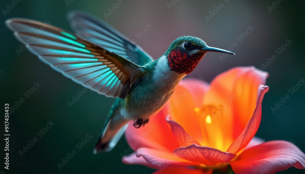 Fototapeta premium Hummingbird in Flight Near a Flower.