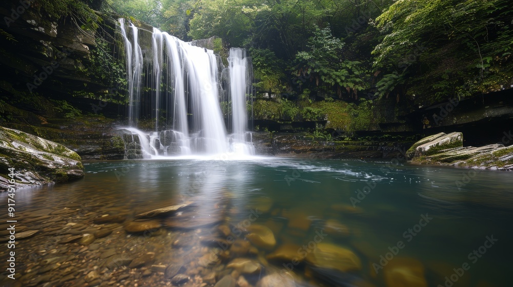 Fototapeta premium Tranquil forest waterfall scene with copy space, covering all objects, deep depth of field.