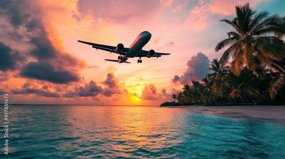 Airplane Landing Over Tropical Beach at Sunset Airplane Landing Over Tropical Beach at Sunset