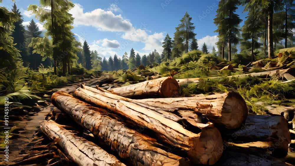 Natural wooden boards and logs at the sawmill