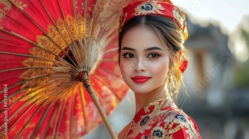 Portrait of a Woman in Traditional Vietnamese Attire with a Red Umbrella