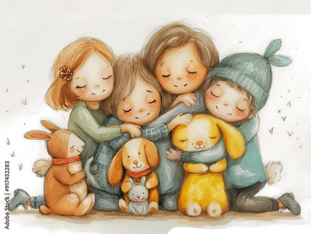 A group of children are hugging a stuffed animal, with a rabbit and a dog among them. Concept of warmth and comfort, as the children are shown to be caring for their stuffed animals A group of children are hugging a stuffed animal, with a rabbit and a dog among them. Concept of warmth and comfort, as the children are shown to be caring for their stuffed animals