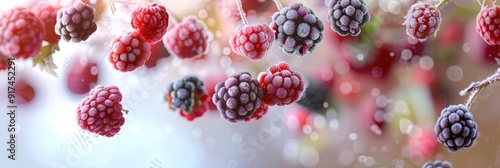 mixed berries frozen mid - air, capturing the motion and freshness of the fruit against a blurred background photo