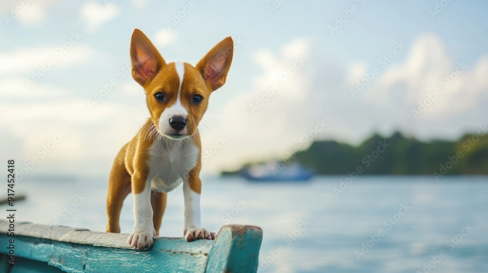 Small Brown and White Dog on a Boat with Blue Water in the Background Small Brown and White Dog on a Boat with Blue Water in the Background