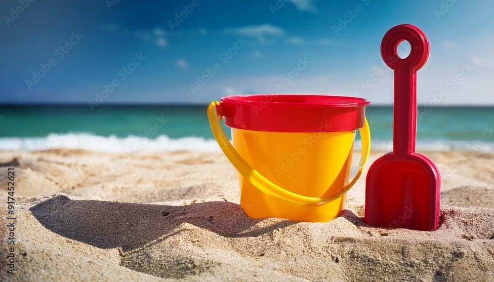 bucket and spade on a sandy beach bucket and spade on a sandy beach