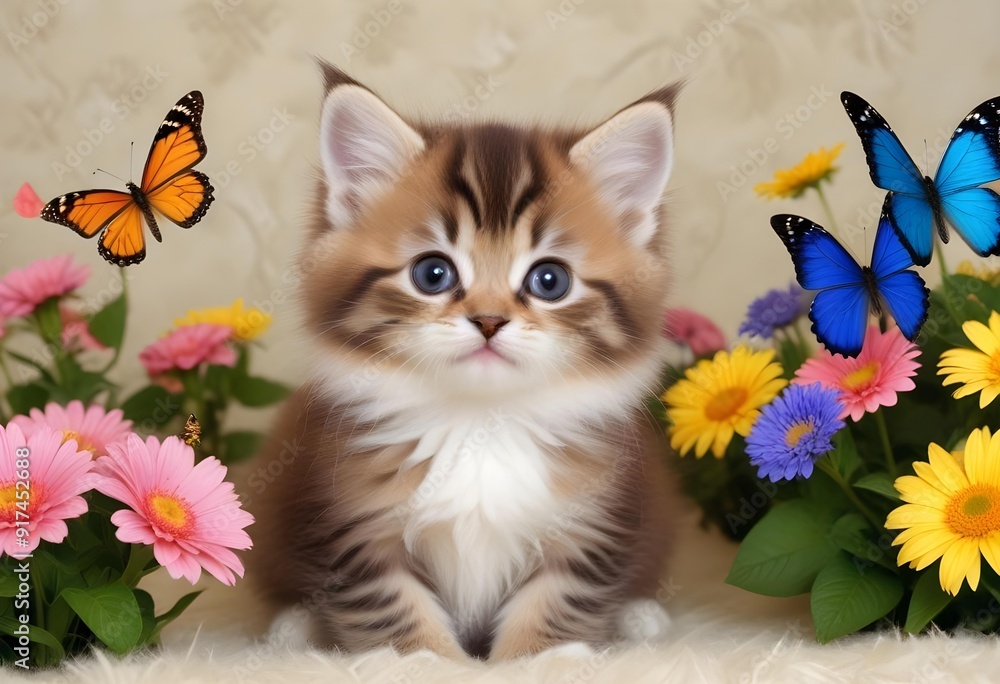 Funny little kitten with flowers and butterflies cute small fluffy magical kitten Funny little kitten with flowers and butterflies cute small fluffy magical kitten