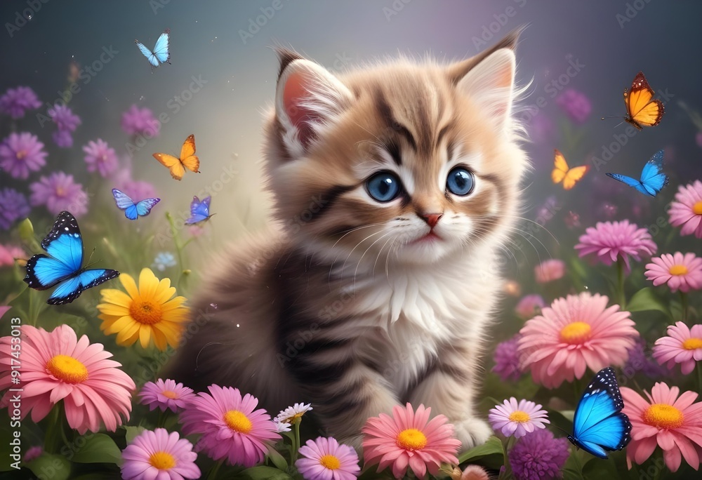 Funny little kitten with flowers and butterflies cute small fluffy magical kitten Funny little kitten with flowers and butterflies cute small fluffy magical kitten