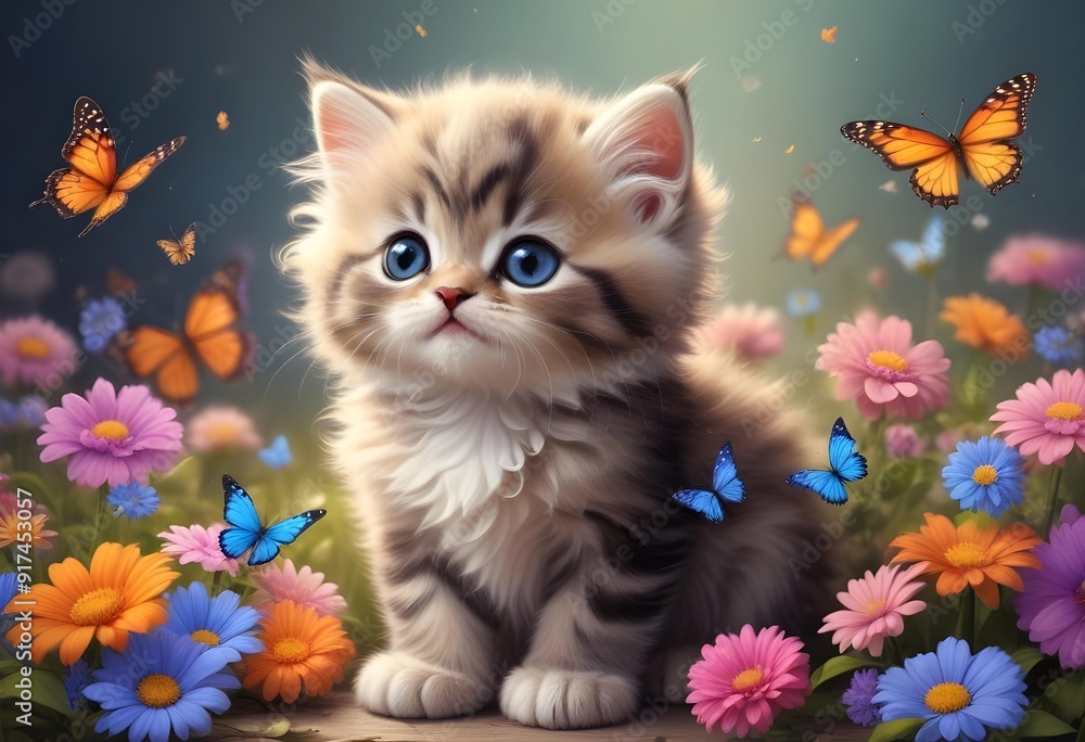 Funny little kitten with flowers and butterflies cute small fluffy magical kitten Funny little kitten with flowers and butterflies cute small fluffy magical kitten