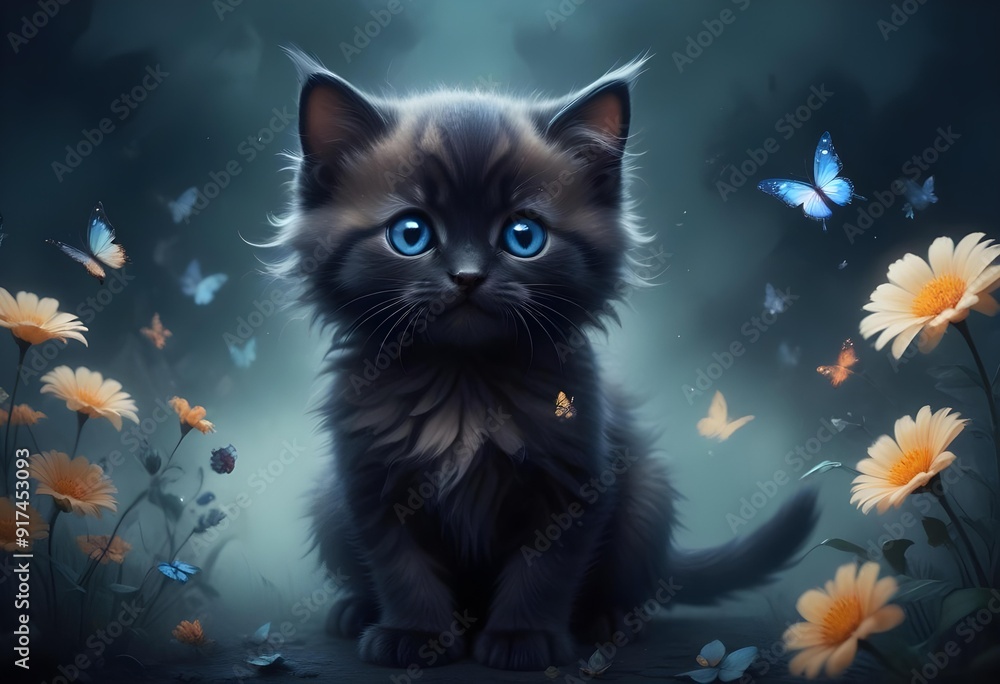Funny little kitten with flowers and butterflies cute small fluffy magical kitten Funny little kitten with flowers and butterflies cute small fluffy magical kitten