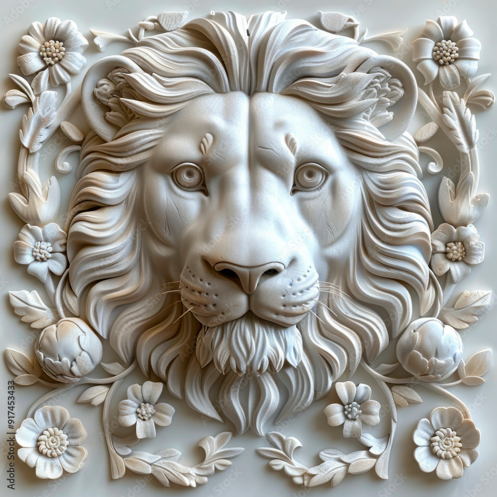 Obraz premium A sophisticated 3D bas-relief of a lion's face meticulously sculpted in white marble, highlighting the lion's regal features. Concept: power, elegance, art, sculpture. Business: luxury interior design