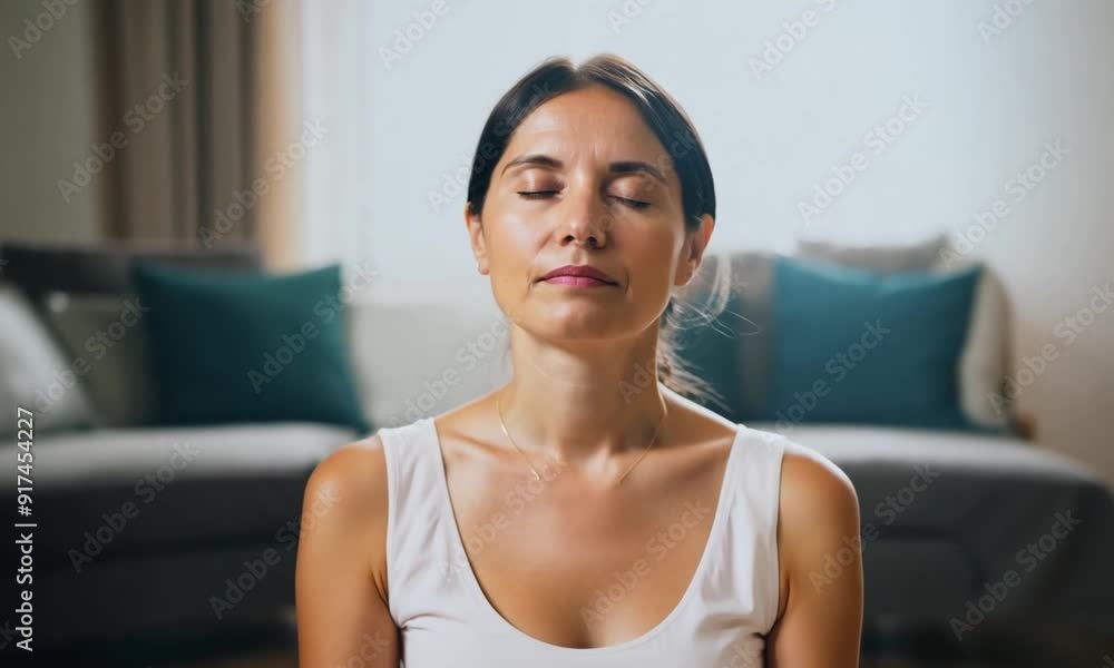 Close up of woman meditating with closed eyes against home interior living room background. woman praying at home. copy space for text Close up of woman meditating with closed eyes against home interior living room background. woman praying at home. copy space for text