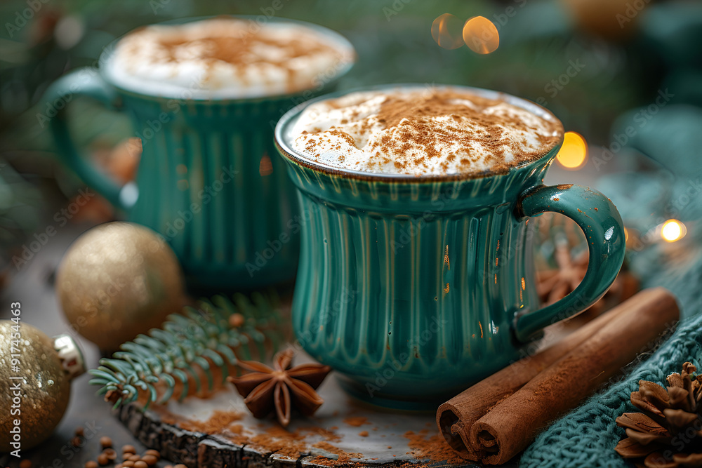 A cinnamon latte adorned with festive Christmas decorations, showcasing a warm and inviting holiday atmosphere. A cinnamon latte adorned with festive Christmas decorations, showcasing a warm and inviting holiday atmosphere.