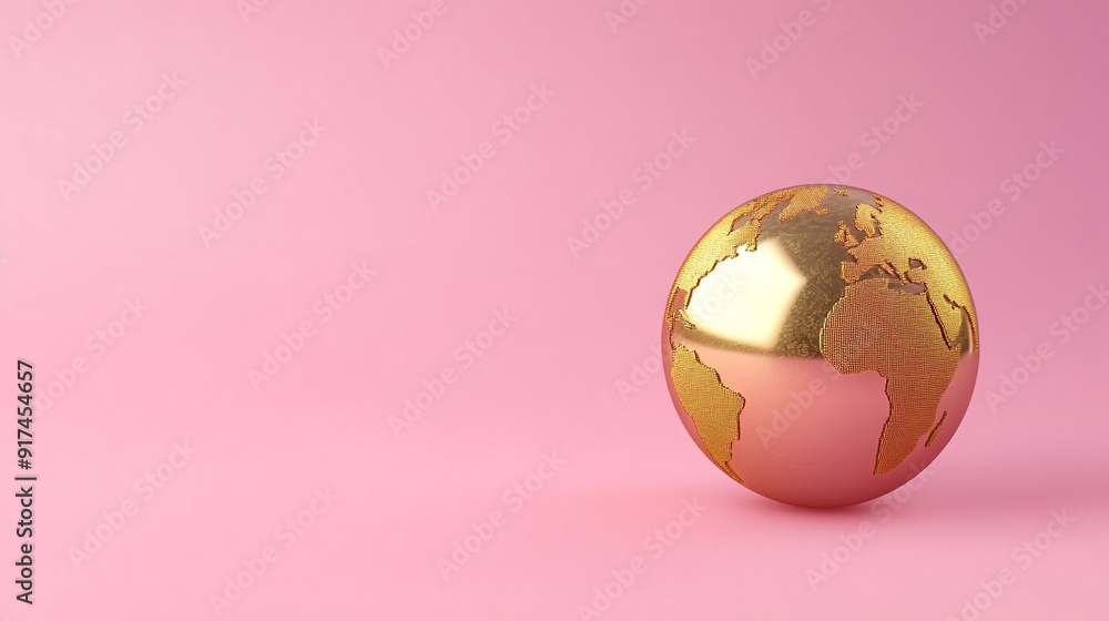 Shiny golden earth globe model isolated on vivid pink color background with copy space, concept of environment protection, globalization, world, communication, cooperation, business. Shiny golden earth globe model isolated on vivid pink color background with copy space, concept of environment protection, globalization, world, communication, cooperation, business.