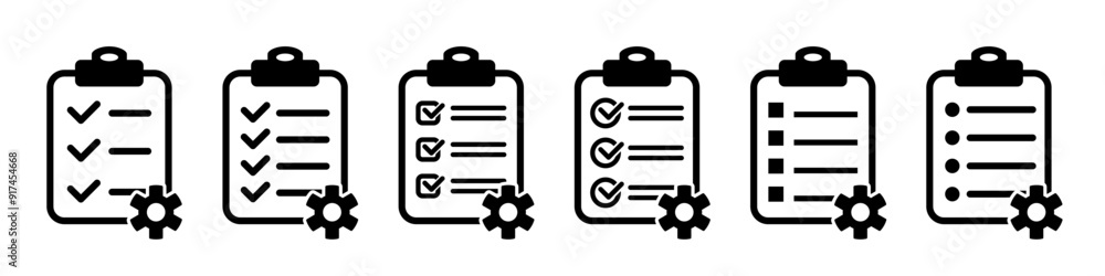 Clipboard icon set. Checklist with gear. Linear style. Clipboard icon set. Checklist with gear. Linear style.
