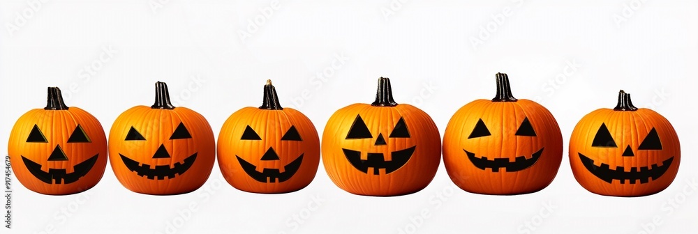 Halloween pumpkins jack o lanterns in a row isolated on white, 3d jack o lanterns web banner border frame, for cards, banner decoration. Halloween pumpkins jack o lanterns in a row isolated on white, 3d jack o lanterns web banner border frame, for cards, banner decoration.