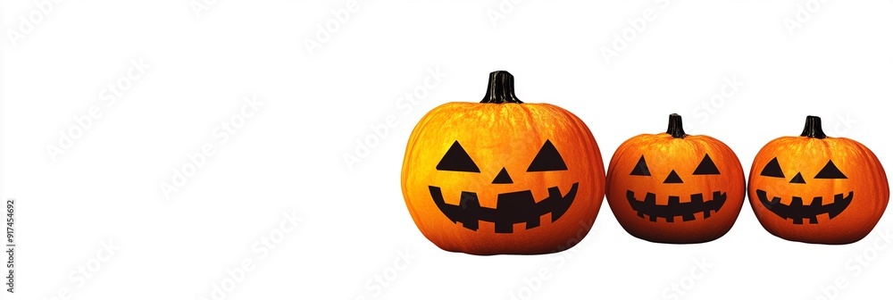 Halloween pumpkins jack o lanterns in a row isolated on white, 3d jack o lanterns web banner border frame, for cards, banner decoration. Halloween pumpkins jack o lanterns in a row isolated on white, 3d jack o lanterns web banner border frame, for cards, banner decoration.