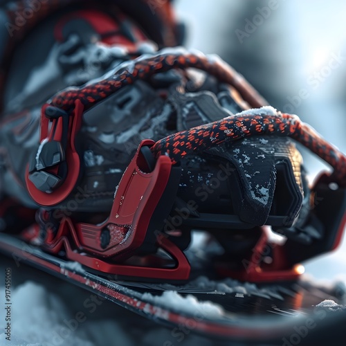 Close-up of snow boots with red laces and crampons, ready for a winter adventure photo