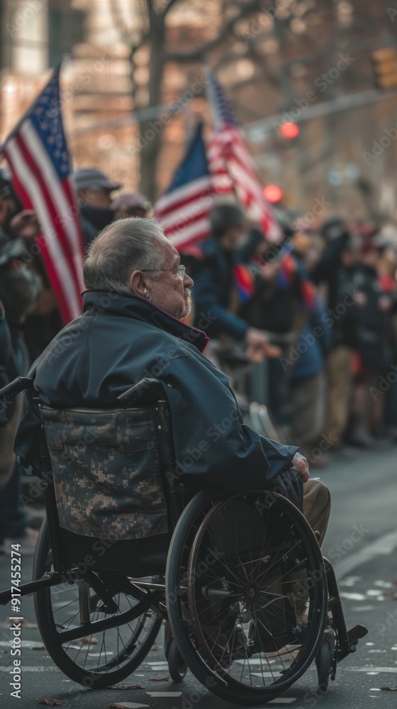 Powerful image of a wheelchair-bound veteran watching a Veterans Day parade, his face reflecting pride and nostalgia, set against a background of spectators clapping and waving flags. Powerful image of a wheelchair-bound veteran watching a Veterans Day parade, his face reflecting pride and nostalgia, set against a background of spectators clapping and waving flags.