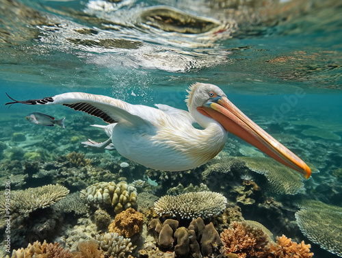 A pelican is swimming in the ocean with a fish in its mouth. The scene is peaceful and serene, with the bird and fish blending in with the colorful coral and seaweed