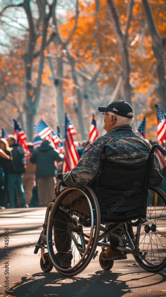 Obraz premium Powerful image of a wheelchair-bound veteran watching a Veterans Day parade, his face reflecting pride and nostalgia, set against a background of spectators clapping and waving flags.