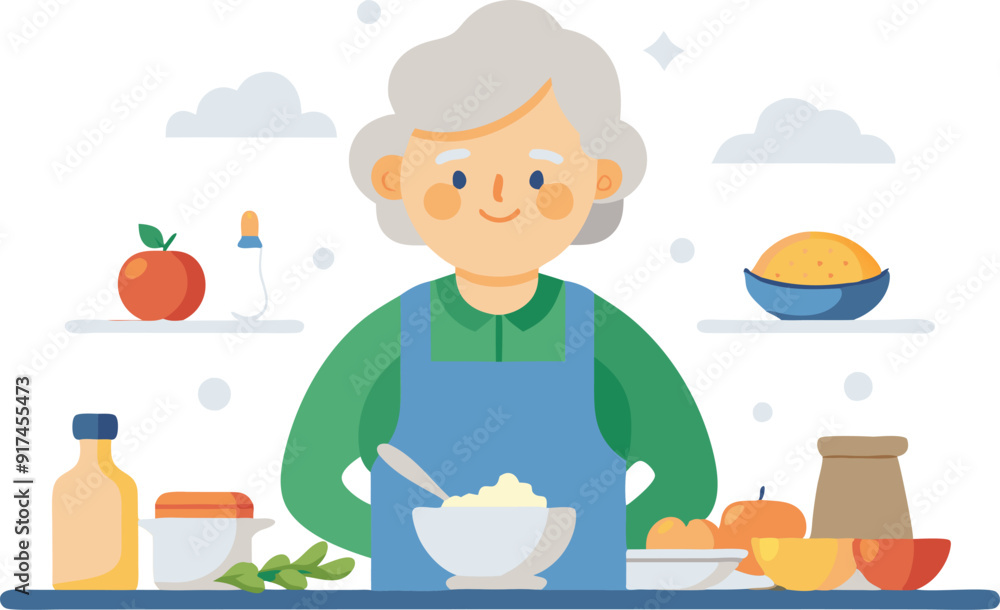 An elderly woman happily prepares a dish using fresh fruits and cooking supplies in a bright kitchen. An elderly woman happily prepares a dish using fresh fruits and cooking supplies in a bright kitchen.