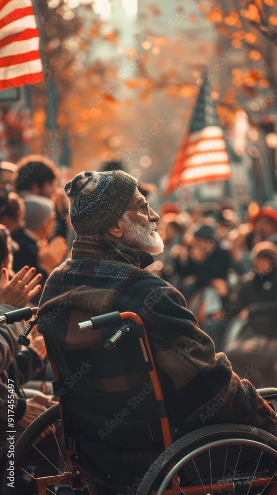 Obraz premium Powerful image of a wheelchair-bound veteran watching a Veterans Day parade, his face reflecting pride and nostalgia, set against a background of spectators clapping and waving flags.