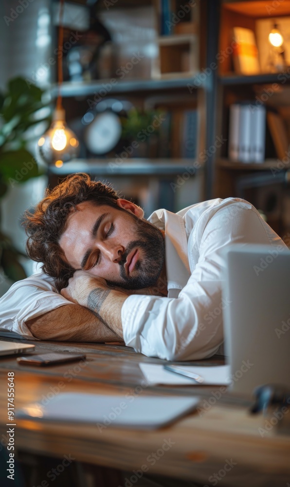 Workplace fatigue: tired worker sleeping at desk with laptop or computer, office environment, heavy work graph, realities of full commitment, responsibility, strain of labour day exhaustion. Workplace fatigue: tired worker sleeping at desk with laptop or computer, office environment, heavy work graph, realities of full commitment, responsibility, strain of labour day exhaustion.