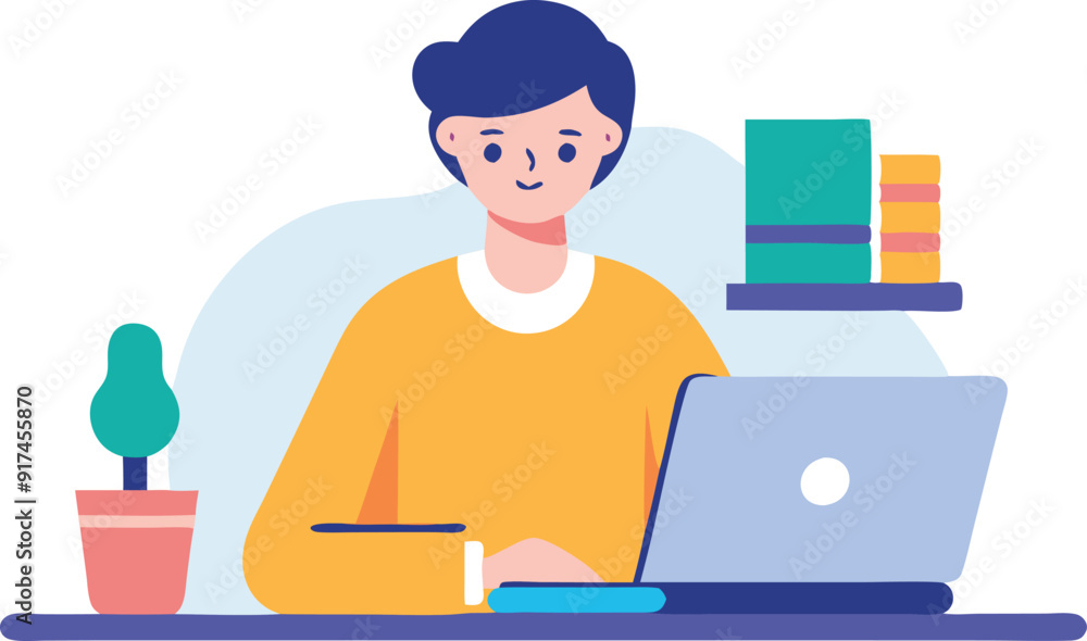 A person is engaged in work at a desk with a laptop, accompanied by a plant and books nearby. A person is engaged in work at a desk with a laptop, accompanied by a plant and books nearby.