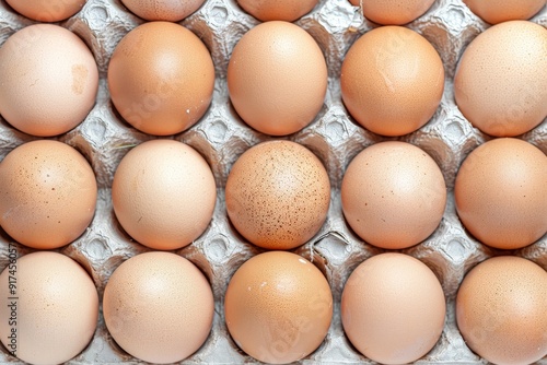 Close-up image of chicken eggs neatly arranged in a carton. The eggs are brown and white.. Beautiful simple AI generated image in 4K, unique.