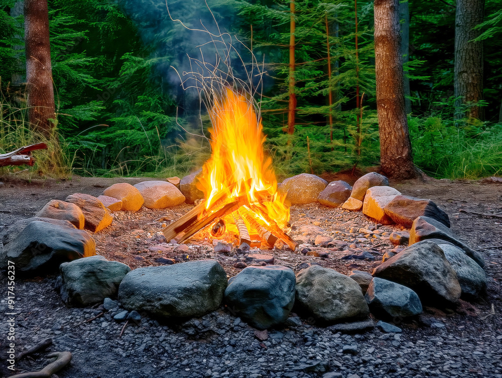 A fire is burning in a circle of rocks. The fire is surrounded by a circle of rocks, and the rocks are arranged in a way that they are all touching each other A fire is burning in a circle of rocks. The fire is surrounded by a circle of rocks, and the rocks are arranged in a way that they are all touching each other