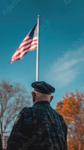 Respectful Veterans Day gathering where older veterans wearing their medals and berets, raise the American flag at a community center, symbolizing their enduring dedication, against a clear blue sky.