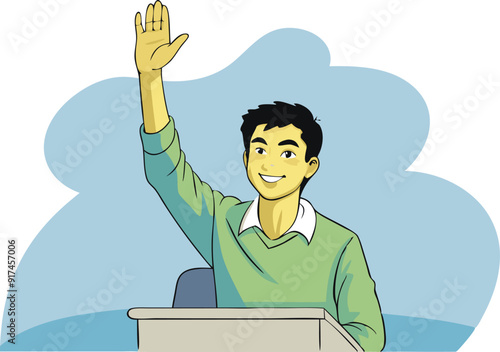 A boy in a green sweater enthusiastically raises his hand while sitting at a desk.
