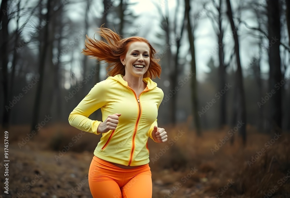 Happy running red haired woman in the woods Happy running red haired woman in the woods