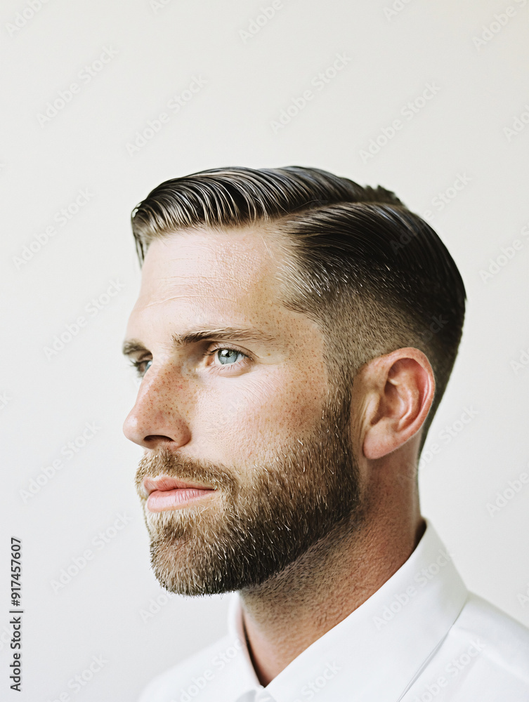 Obraz premium Closeup portrait of a Caucasian man with a classic comb-over hairstyle and a meticulously trimmed beard, white background, barbershop styler