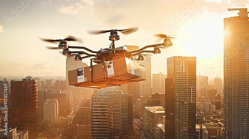 A drone delivers a package in the city against the backdrop of a sunset skyscraper, demonstrating the latest trends in urban logistics.