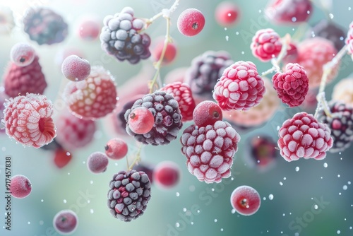 mixed berries frozen mid - air, capturing the motion and freshness of the fruit against a blurred background photo