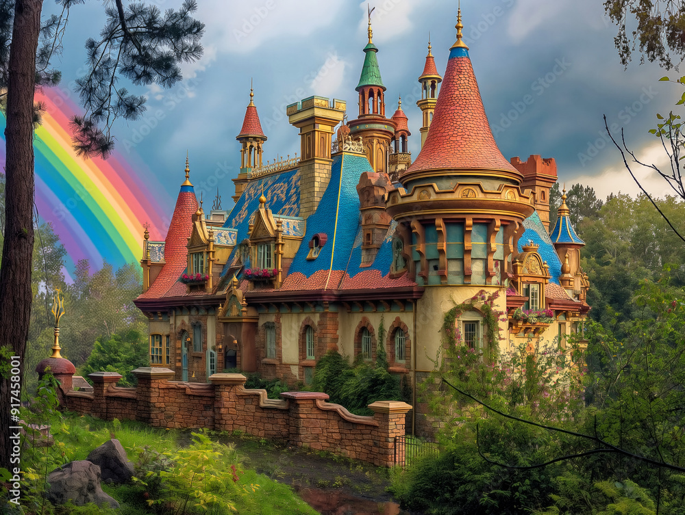 A castle with a rainbow in the background. The castle is old and has a lot of detail A castle with a rainbow in the background. The castle is old and has a lot of detail