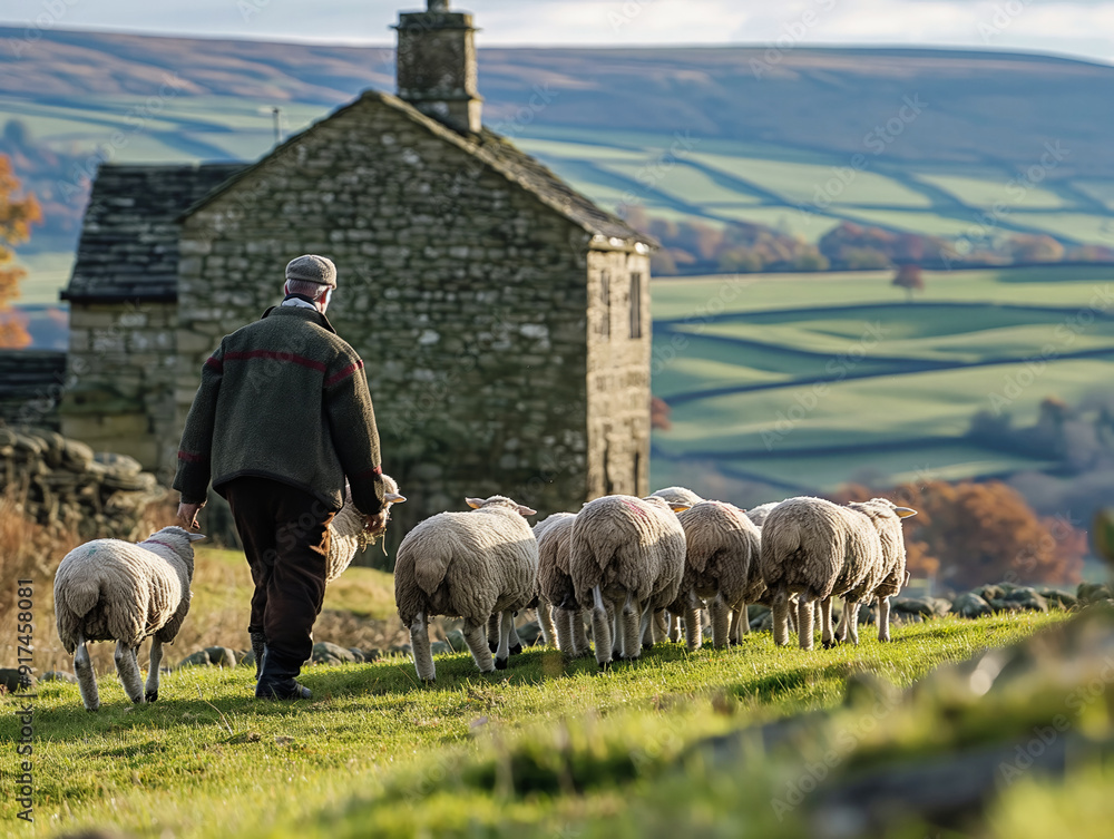 A man is leading a flock of sheep through a field. The sheep are scattered throughout the field, with some closer to the man and others further away. Concept of peacefulness and simplicity, as the man