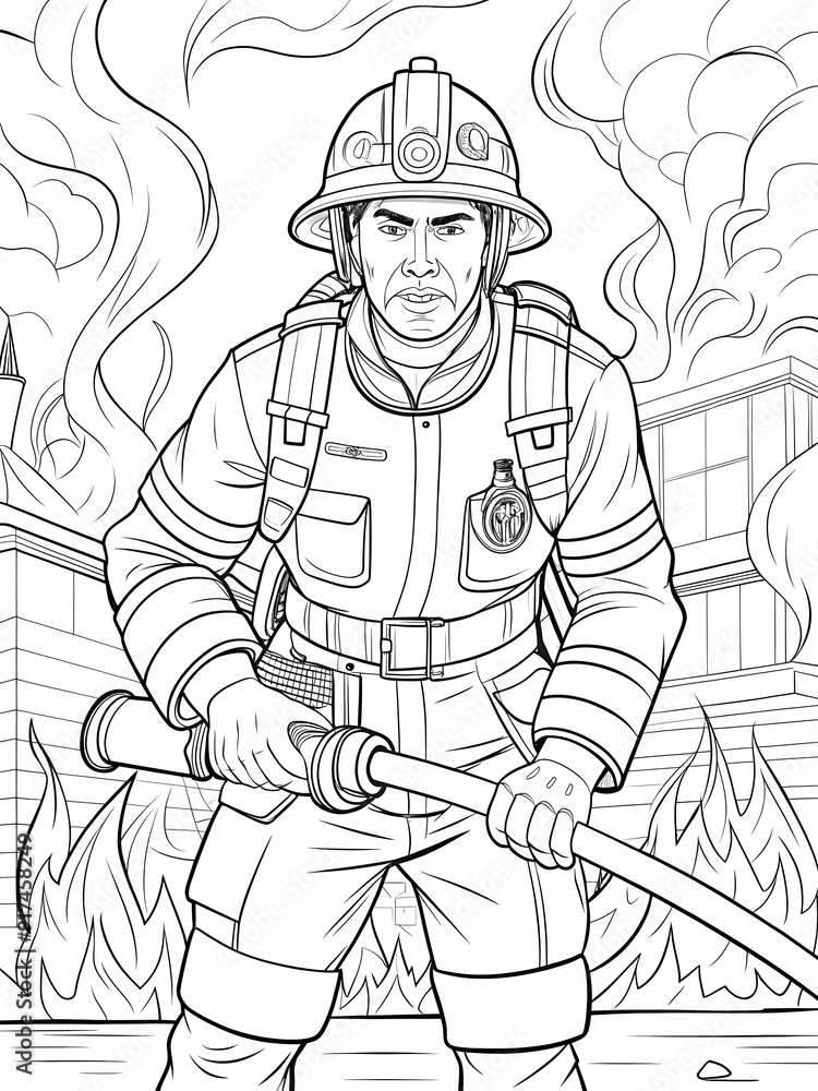 Firefighter in Action with Fire Truck Coloring Page Firefighter in Action with Fire Truck Coloring Page
